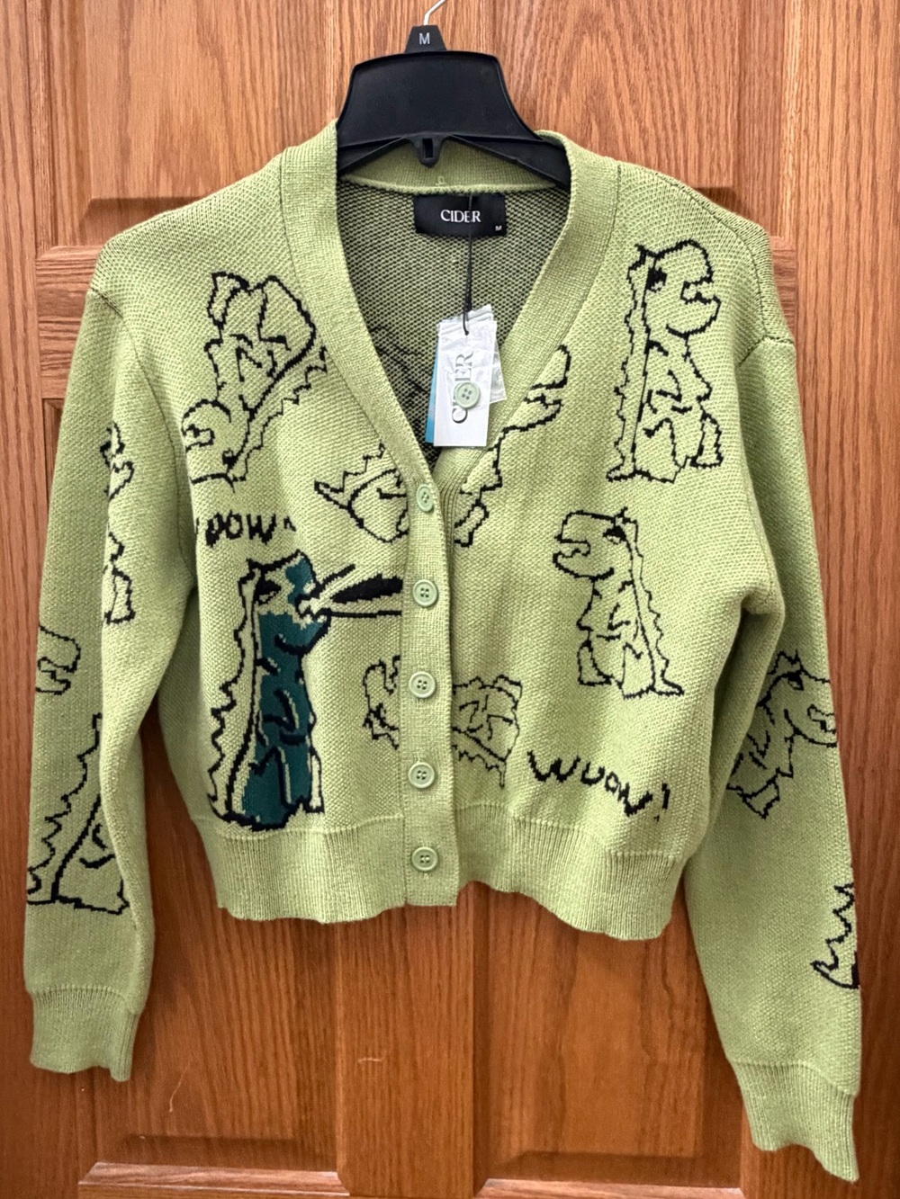 NWT CIDER Green Dinosaur Printed V-Neck Cardigan Button Up Fall Cropped Sweater